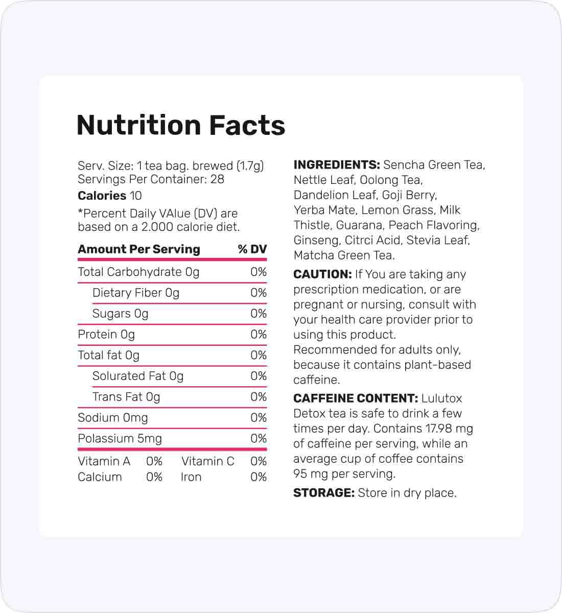 Lulutox Detox Tea Supplement Facts